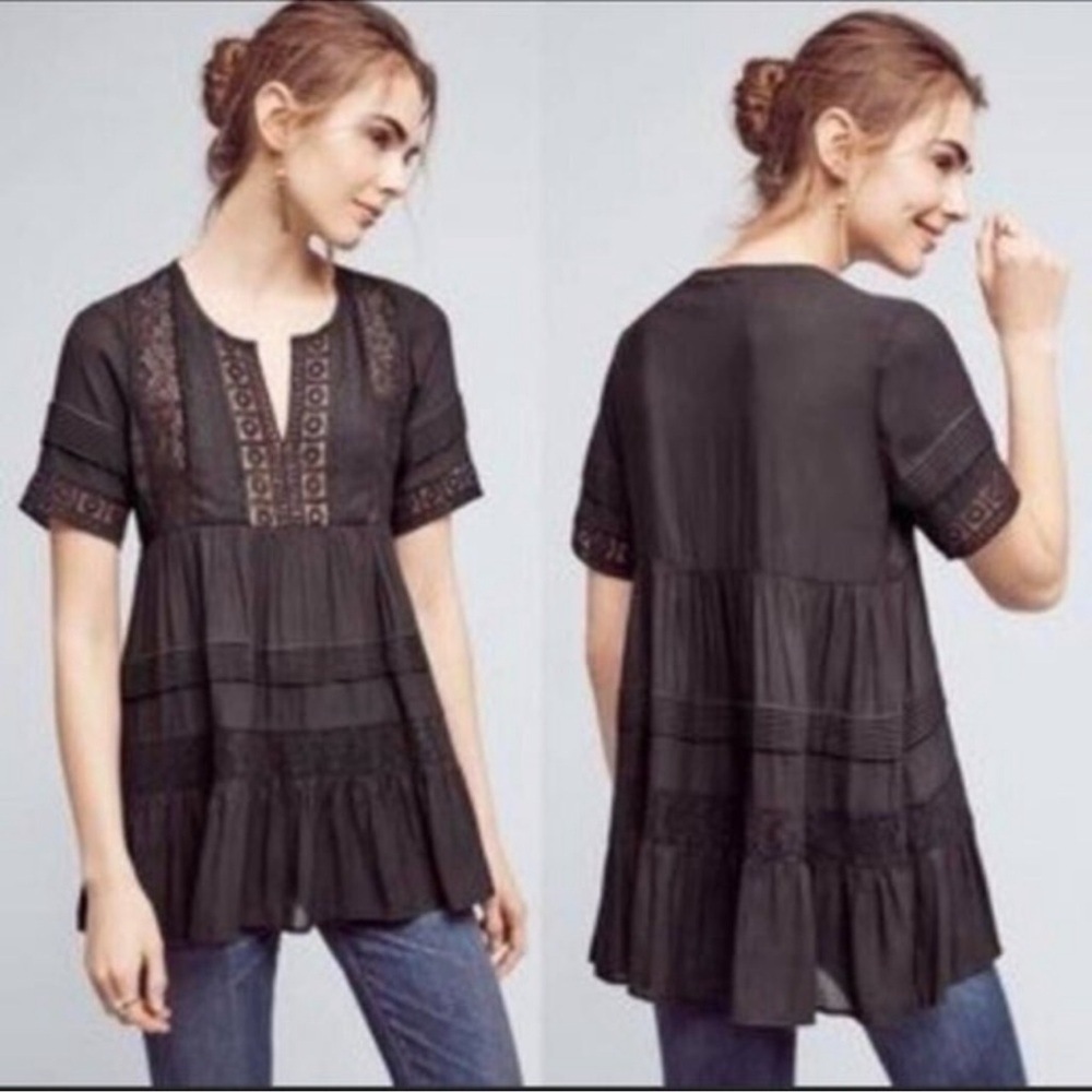 Anthropologie Maeve Pintuck Crochet Chiffon Babydoll‎ Tunic Black Top SZ XS